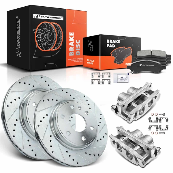 8 Pcs Front Drilled Brake Rotors & Pads + Brake Calipers for Buick Enclave 2008-2017 GMC