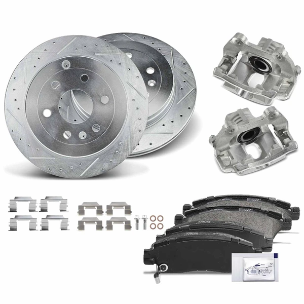 8 Pcs Rear Drilled Brake Rotors & Pads + Brake Calipers for 2007-2016 GMC Acadia