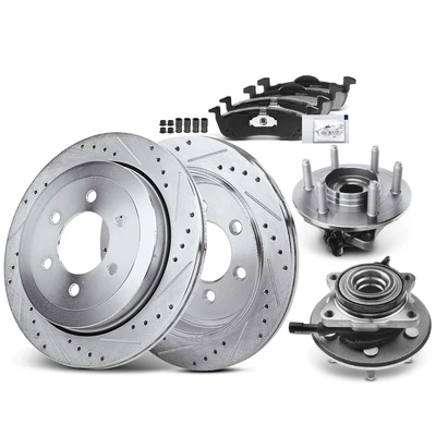 8 Pcs Rear Drilled Brake Rotor & Pads + Wheel Hub Bearing