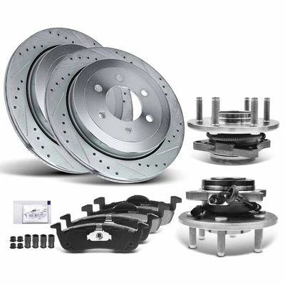 8 Pcs Rear Drilled Brake Rotor & Pads + Wheel Hub Bearing