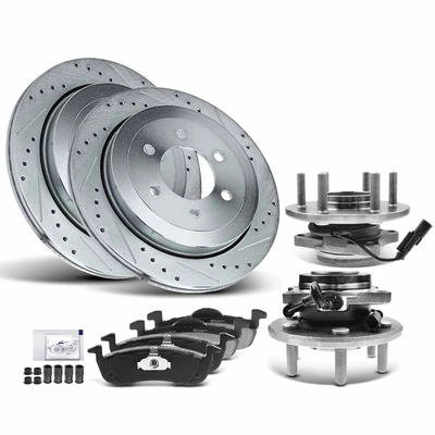 8 Pcs Rear Drilled Brake Rotor & Pads + Wheel Hub Bearing
