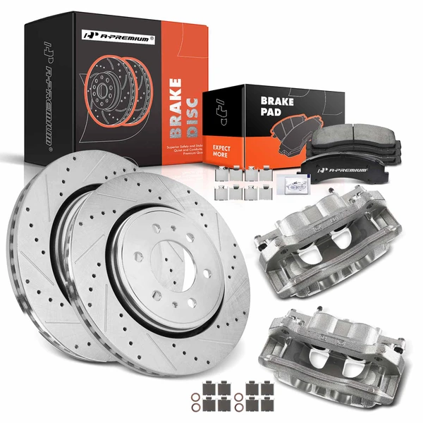 8 Pcs Front Drilled Brake Rotors & Pads + Brake Calipers for Ford F-150 2012-2016