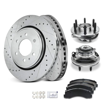 8 Pcs Front Drilled Brake Rotor & Pads + Wheel Hub Bearing