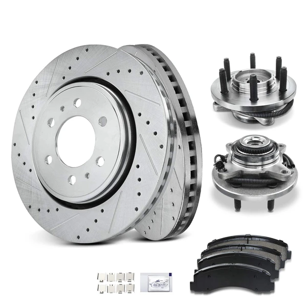 8 Pcs Front Drilled Brake Rotor & Pads + Wheel Hub Bearing for Ford F-150 Lincoln 11-14 4WD