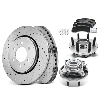 8 Pcs Front Drilled Brake Rotor & Pads + Wheel Hub Bearing