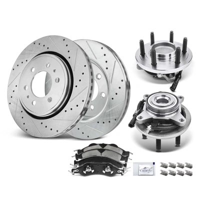 8 Pcs Front Drilled Brake Rotor & Pads + Wheel Hub Bearing