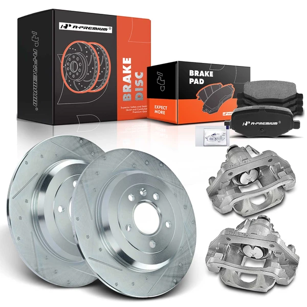 8 Pcs Rear Drilled Brake Rotors & Pads + Brake Calipers for Ford Explorer 11-15 Taurus