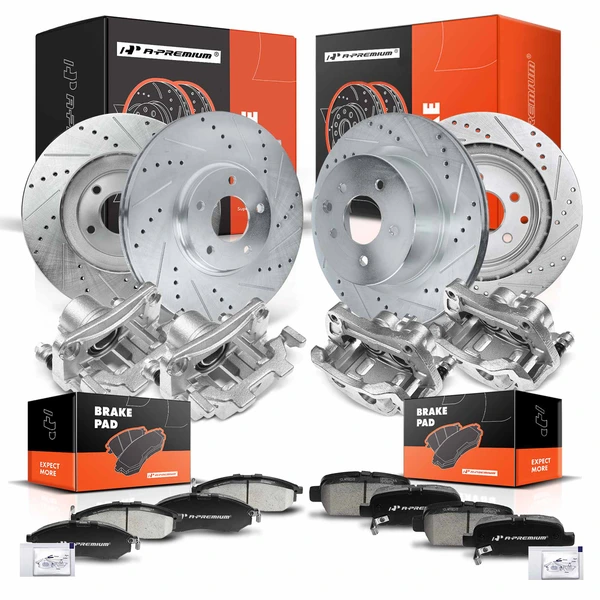 16 Pcs Front & Rear Drilled Brake Rotors & Pads + Brake Calipers for INFINITI EX35 EX37