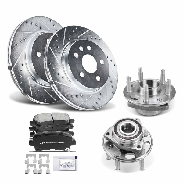 8 Pcs Rear Drilled Brake Rotor & Pads + Wheel Hub Bearing for Buick LaCrosse Chevrolet Saab