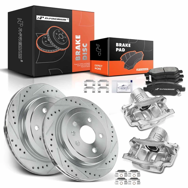 8 Pcs Rear Drilled Brake Rotors & Pads + Brake Calipers for Chevrolet Camaro 2010-2015