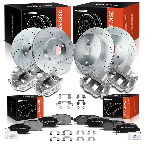 16 Pcs Front & Rear Drilled Brake Rotors & Pads + Brake Calipers for 2003-2005 INFINITI FX45