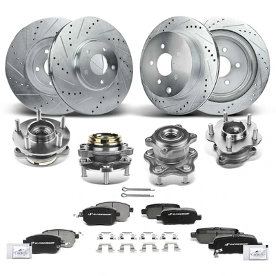 16 Pcs Front & Rear Drilled Brake Rotor & Pads + Wheel Hub Bearing