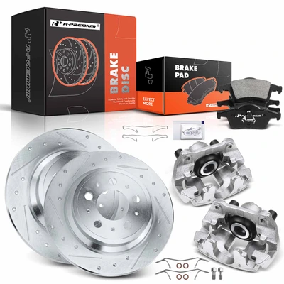 8 Pcs Rear Drilled Brake Rotors & Pads + Brake Calipers