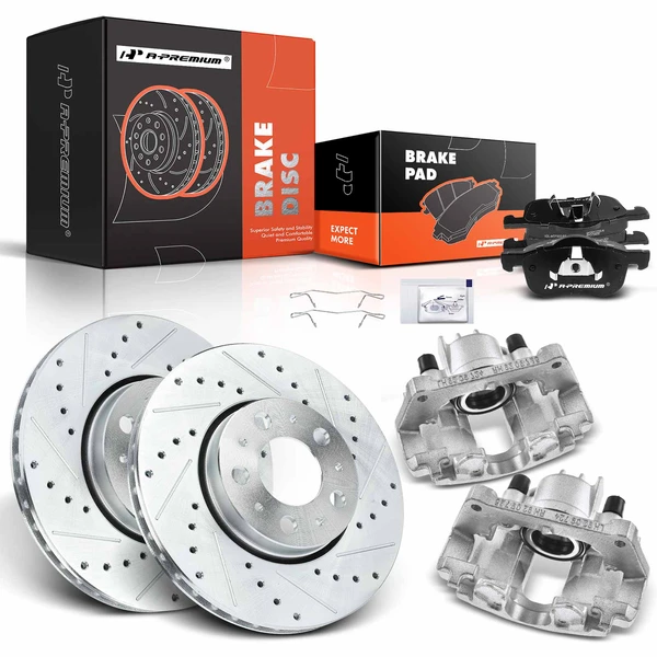 8 Pcs Front Drilled Brake Rotors & Pads + Brake Calipers for Volvo S60 2001-2009 S80 V70 XC70