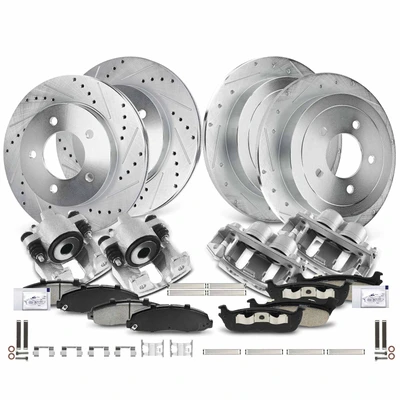 16 Pcs Front & Rear Drilled Brake Rotors & Pads + Brake Calipers