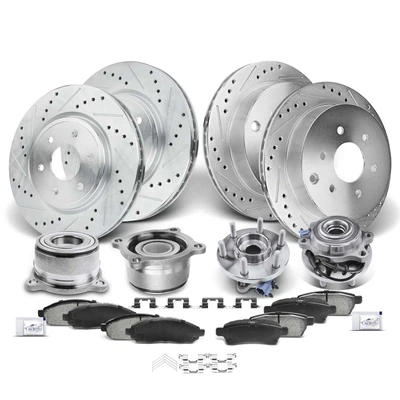 16 Pcs Front & Rear Drilled Brake Rotor & Pads + Wheel Hub Bearing