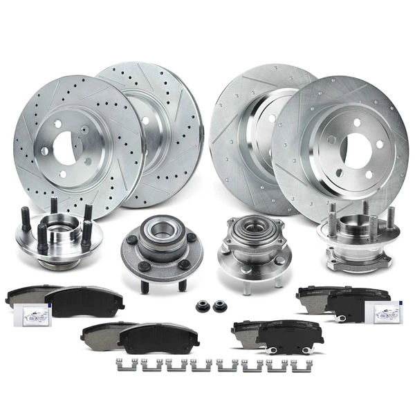 16 Pcs Front & Rear Drilled Brake Rotor & Pads + Wheel Hub Bearing for Chrysler Dodge