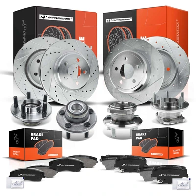 16 Pcs Front & Rear Drilled Brake Rotor & Pads + Wheel Hub Bearing