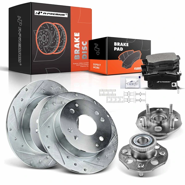 8 Pcs Rear Drilled Brake Rotor & Pads + Wheel Hub Bearing for Honda Accord 98-02 2.3L
