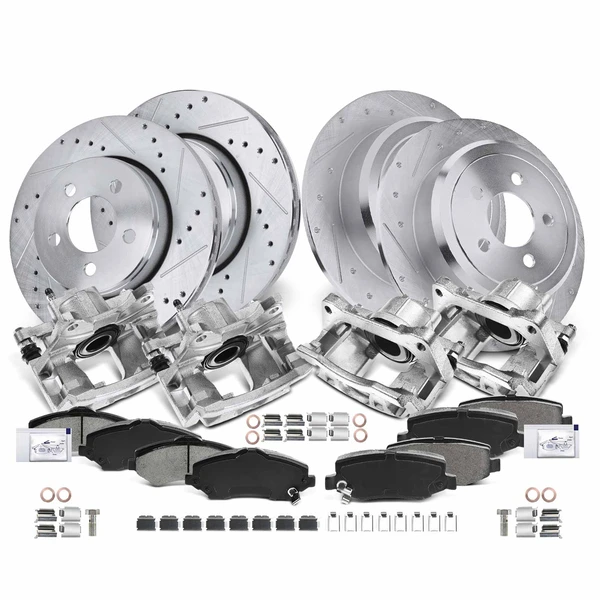 16 Pcs Front & Rear Drilled Brake Rotors & Pads + Brake Calipers for Dodge Nitro Jeep Liberty