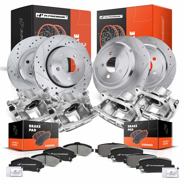 16 Pcs Front & Rear Drilled Brake Rotors & Pads + Brake Calipers for Dodge Nitro Jeep Liberty