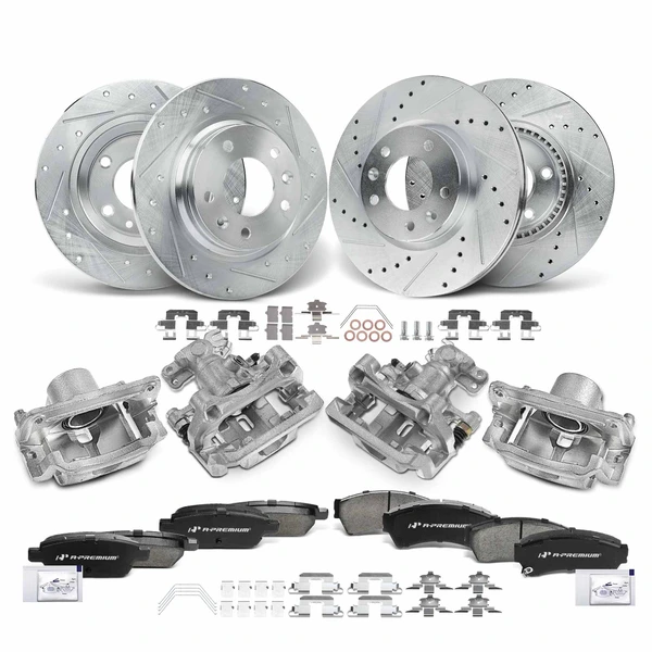 16 Pcs Front & Rear Drilled Brake Rotors & Pads + Brake Calipers for Ford Lincoln