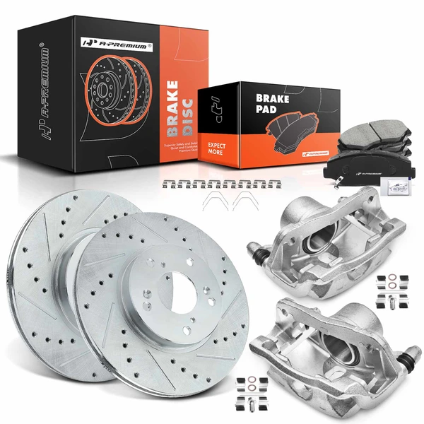 8 Pcs Front Drilled Brake Rotors & Pads + Brake Calipers for Honda Accord 03-17 Civic