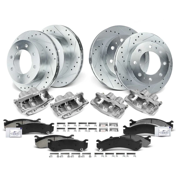 16 Pcs Front & Rear Drilled Brake Rotors & Pads + Brake Calipers for Chevrolet Silverado