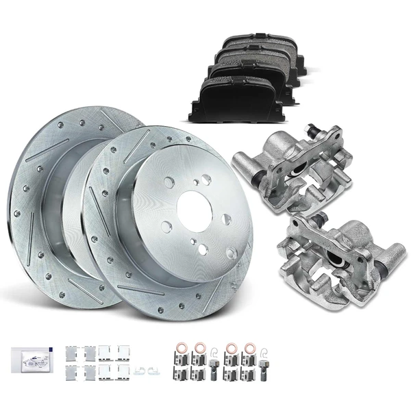 8 Pcs Rear Drilled Brake Rotors & Pads + Brake Calipers for 2005-2010 Scion tC