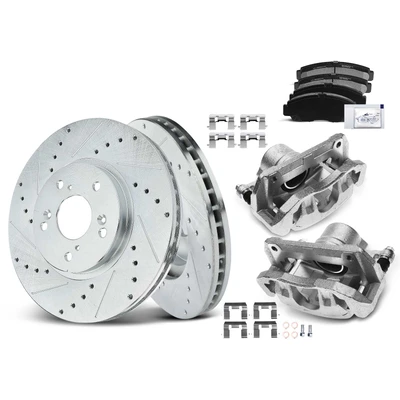 8 Pcs Front Drilled Brake Rotors & Pads + Brake Calipers