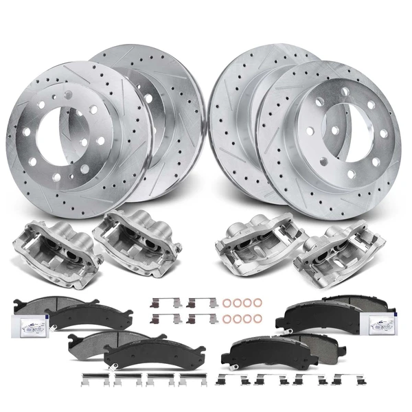 16 Pcs Front & Rear Drilled Brake Rotors & Pads + Brake Calipers for Chevy Express 3500