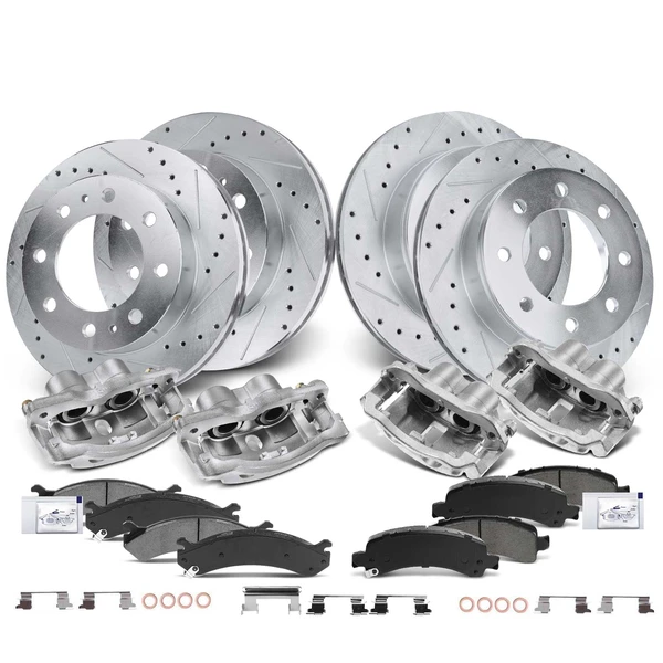 16 Pcs Front & Rear Drilled Brake Rotors & Pads + Brake Calipers for Chevrolet Express 2500