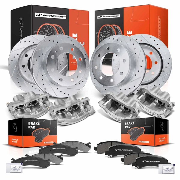 16 Pcs Front & Rear Drilled Brake Rotors & Pads + Brake Calipers for Chevrolet Express 2500