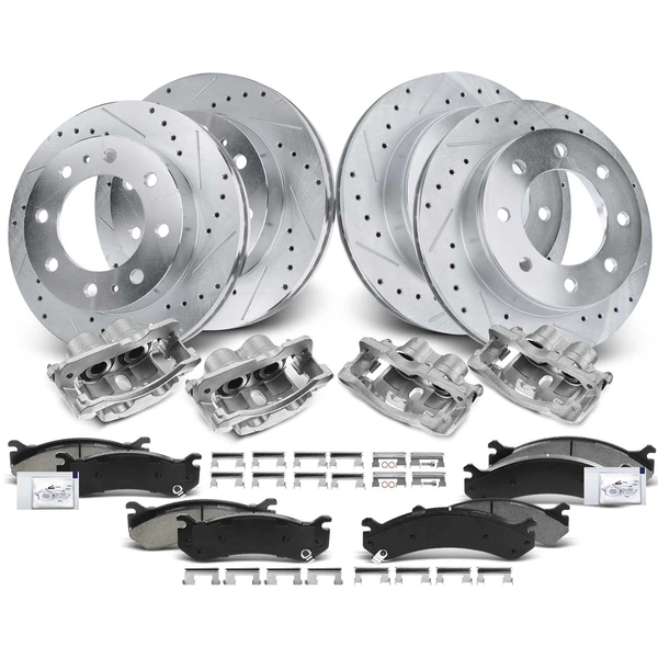 16 Pcs Front & Rear Drilled Brake Rotors & Pads + Brake Calipers for 2001-2006 Chevrolet Silverado 2500 HD