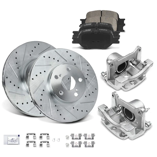 8 Pcs Front Drilled Brake Rotors & Pads + Brake Calipers for 2005-2010 Scion tC