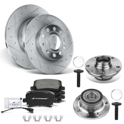 8 Pcs Rear Drilled Brake Rotor & Pads + Wheel Hub Bearing
