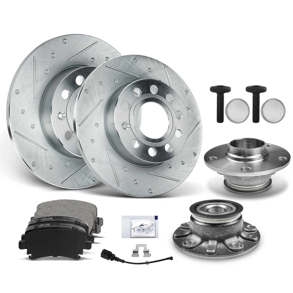 8 Pcs Rear Drilled Brake Rotor & Pads + Wheel Hub Bearing for Audi A3 VW Golf Jetta