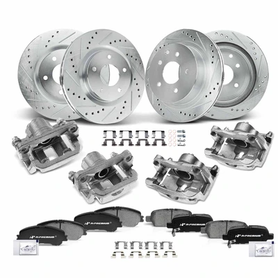 16 Pcs Front & Rear Drilled Brake Rotors & Pads + Brake Calipers