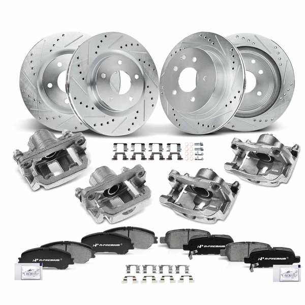 16 Pcs Front & Rear Drilled Brake Rotors & Pads + Brake Calipers for Nissan Rogue