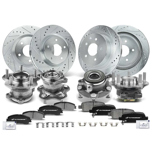 16 Pcs Front & Rear Drilled Brake Rotor & Pads + Wheel Hub Bearing for Nissan Rogue 08-13 AWD