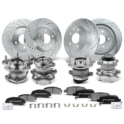 16 Pcs Front & Rear Drilled Brake Rotor & Pads + Wheel Hub Bearing