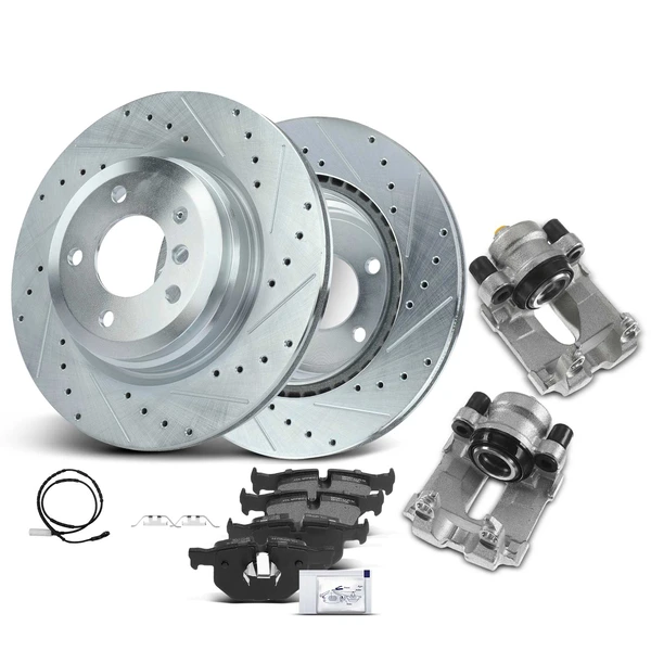 8 Pcs Rear Drilled Brake Rotors & Pads + Brake Calipers for BMW E90 330i E92 335i E84 X1