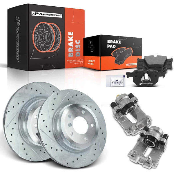 8 Pcs Rear Drilled Brake Rotors & Pads + Brake Calipers for BMW E90 330i E92 335i E84 X1