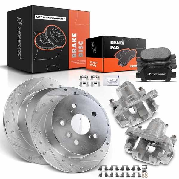 8 Pcs Rear Drilled Brake Rotors & Pads + Brake Calipers for Toyota Avalon Camry 2002-2006