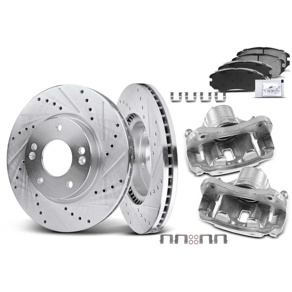 8 Pcs Front Drilled Brake Rotors & Pads + Brake Calipers for Hyundai Tiburon 03-05 Sonata