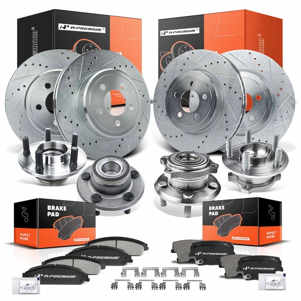 16 Pcs Front & Rear Drilled Brake Rotor & Pads + Wheel Hub Bearing for Dodge Chrysler