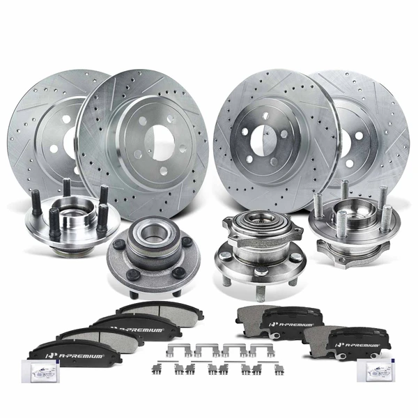 16 Pcs Front & Rear Drilled Brake Rotor & Pads + Wheel Hub Bearing for Chrysler 300 09-14