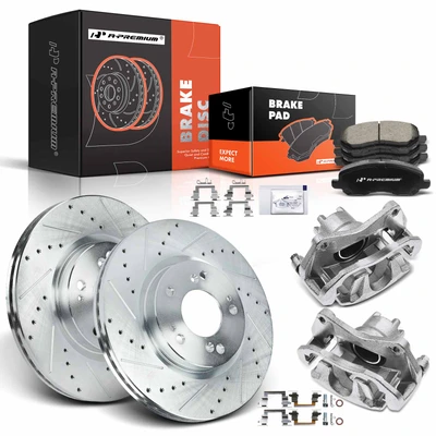 8 Pcs Front Drilled Brake Rotors & Pads + Brake Calipers