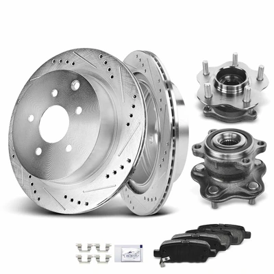 8 Pcs Rear Drilled Brake Rotor & Pads + Wheel Hub Bearing