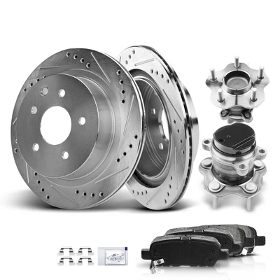 8 Pcs Rear Drilled Brake Rotor & Pads + Wheel Hub Bearing